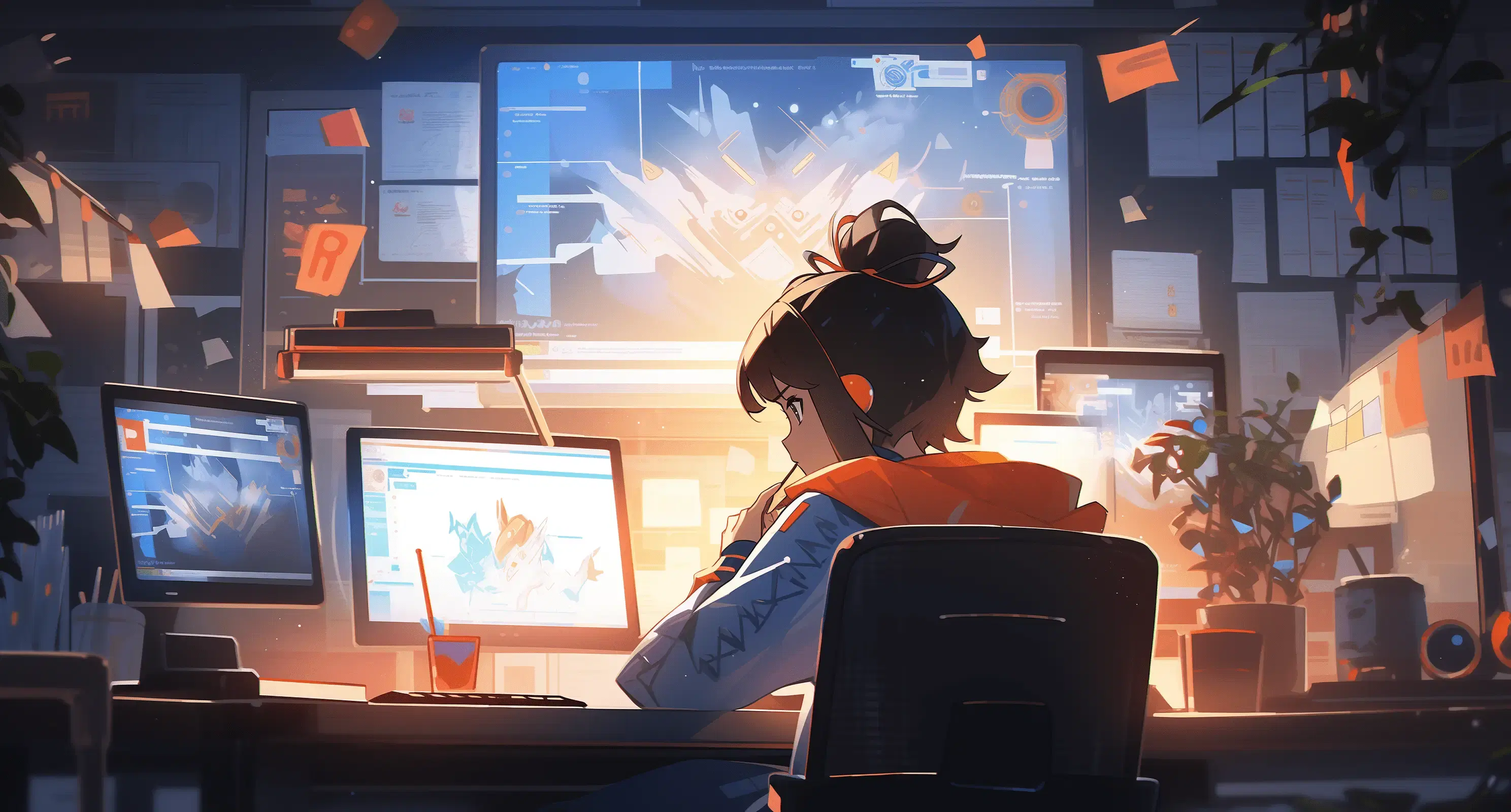 An anime illustration of a tech startup founder sitting at a desk with multiple computer screens, brainstorming